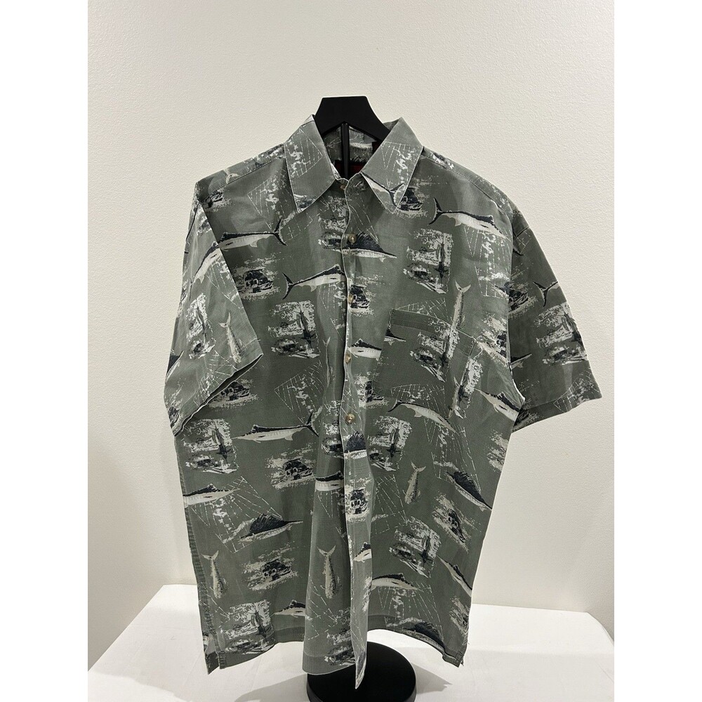Wolverine Mens L Shirt Gray Swordfish Pattern Short Sleeve Button Up